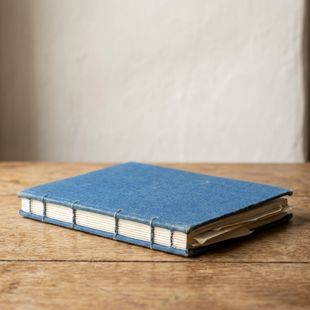 Hand-stitched blue fabric journal resting on a rustic wooden table.