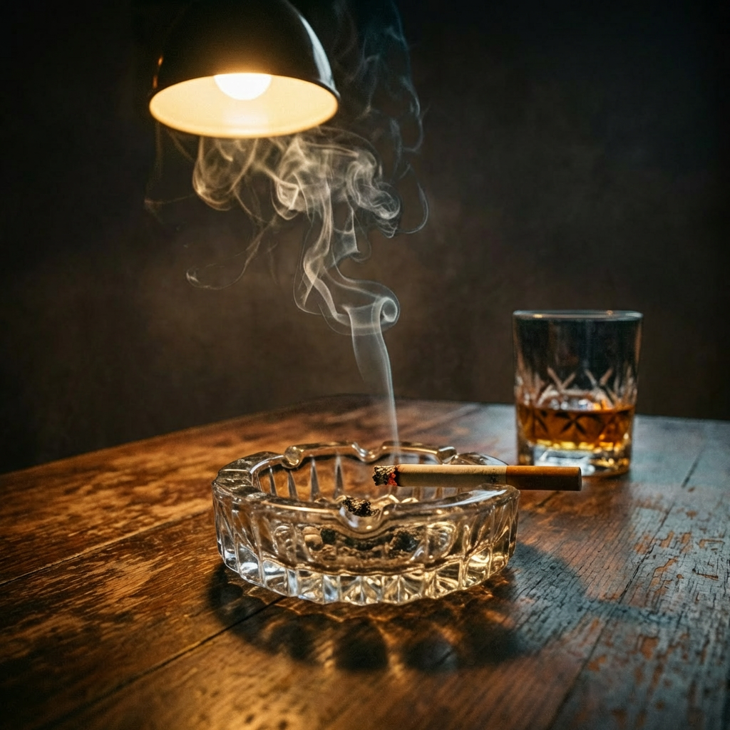 Lit cigarette in a glass ashtray and a whiskey glass on a wooden table.